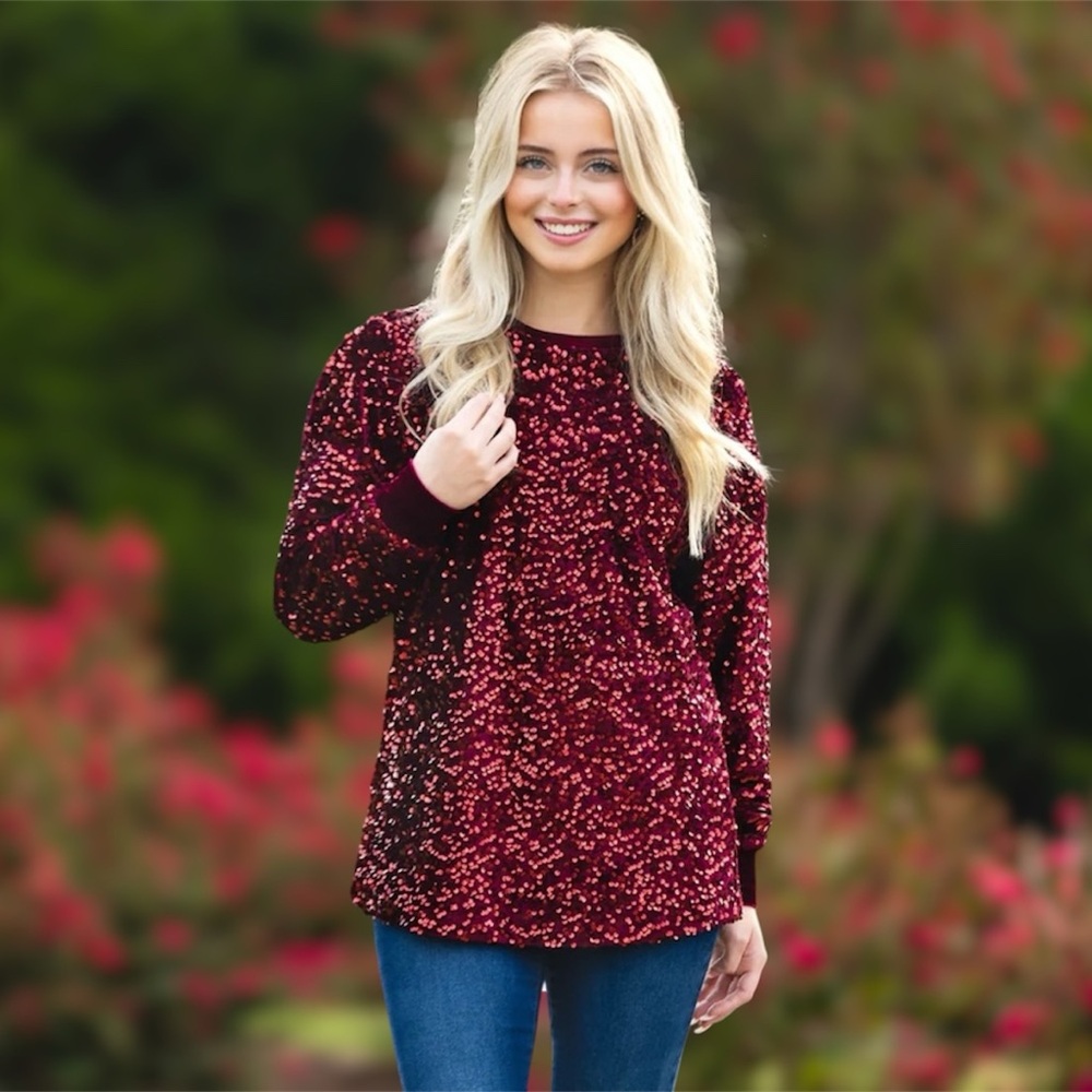 NWT Sunshine & Rodeos Maroon Sequin Velvet Trim Ling Sleeve Blouse‎ Size XL